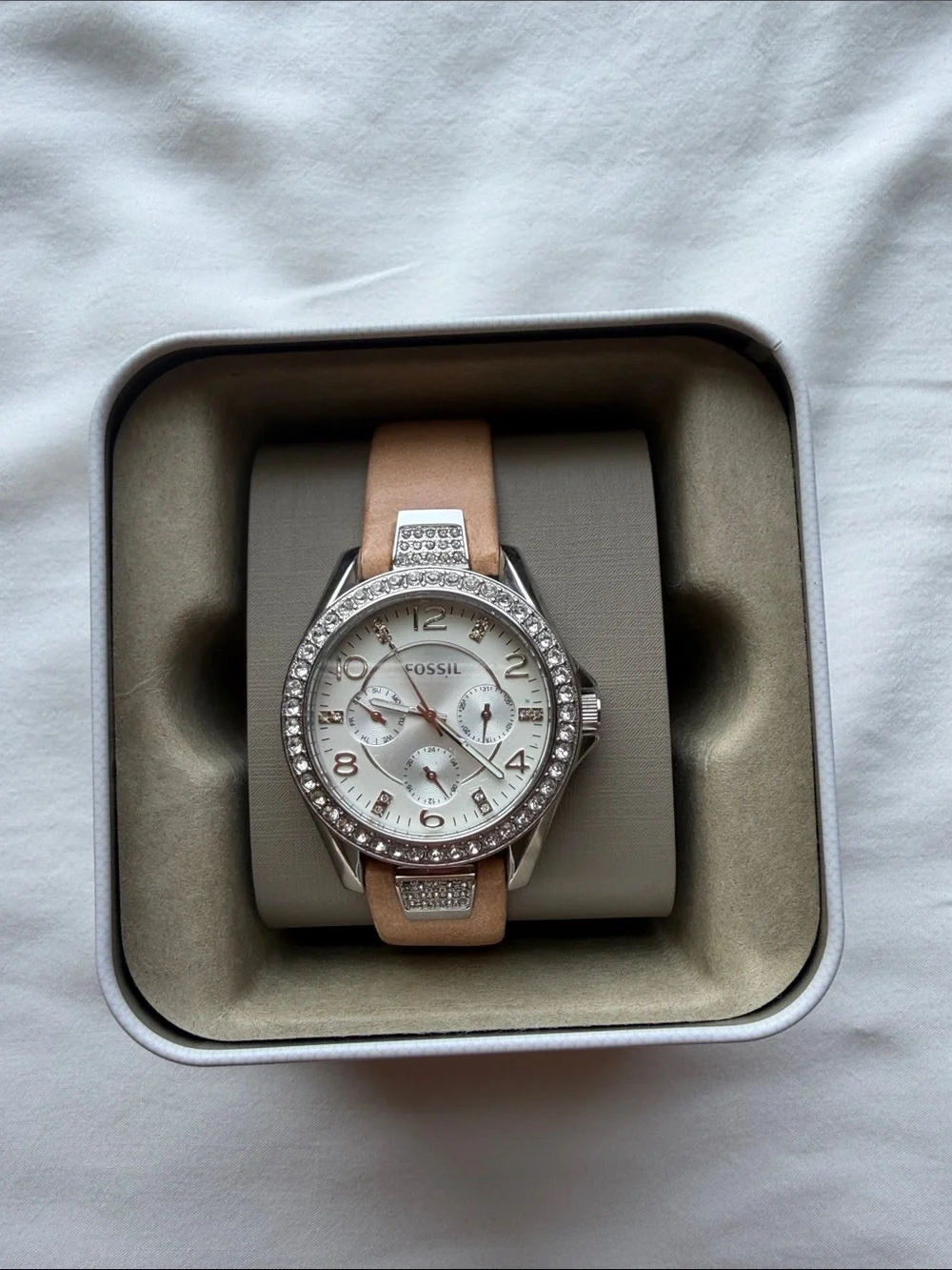 Fossil Women's Rose-Beige Leather Strap Crystal Bezel Watch